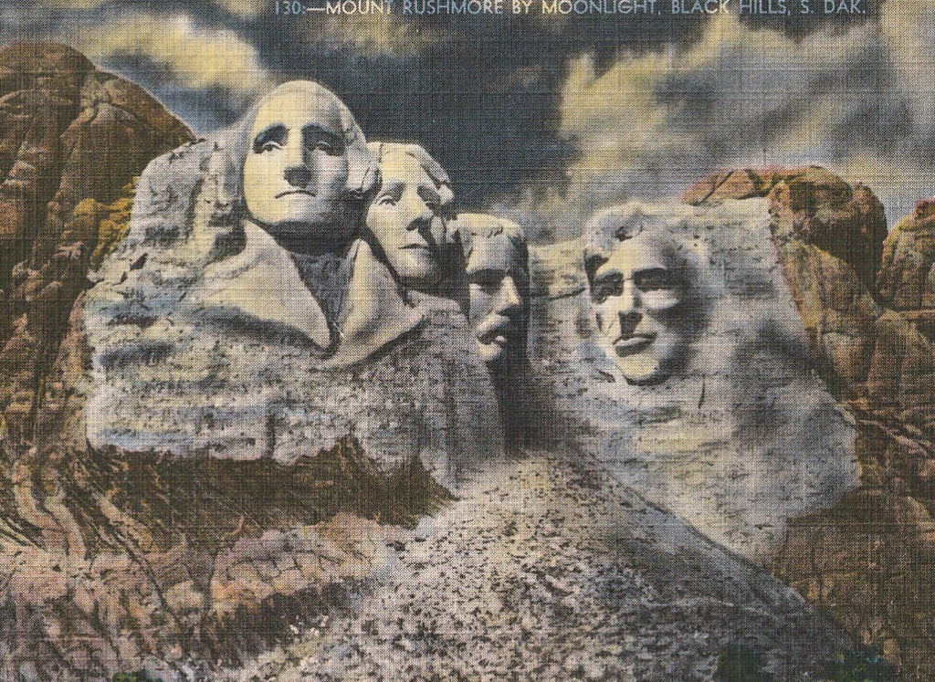 Mount Rushmore by Moonlight Vintage Postcard Close Up
