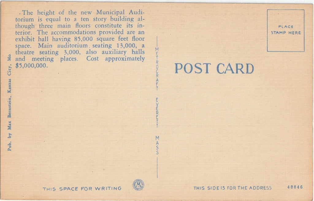 Municipal Auditorium - Kansas City, MO - Postcard, c. 1930s Back