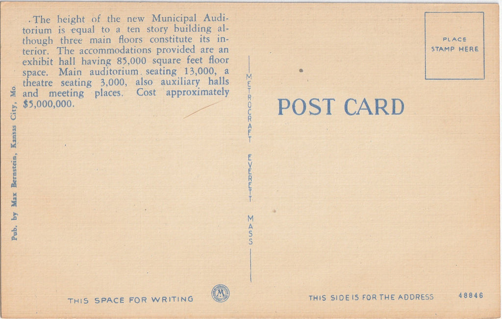Municipal Auditorium - Kansas City, Missouri - Postcard, c. 1930s Back