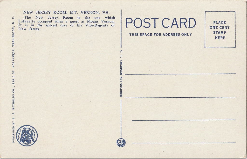 New Jersey Room Mount Vernon Virginia Postcard Back
