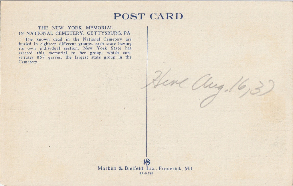 New York Memorial National Cemetery Gettysburg PA Postcard Back
