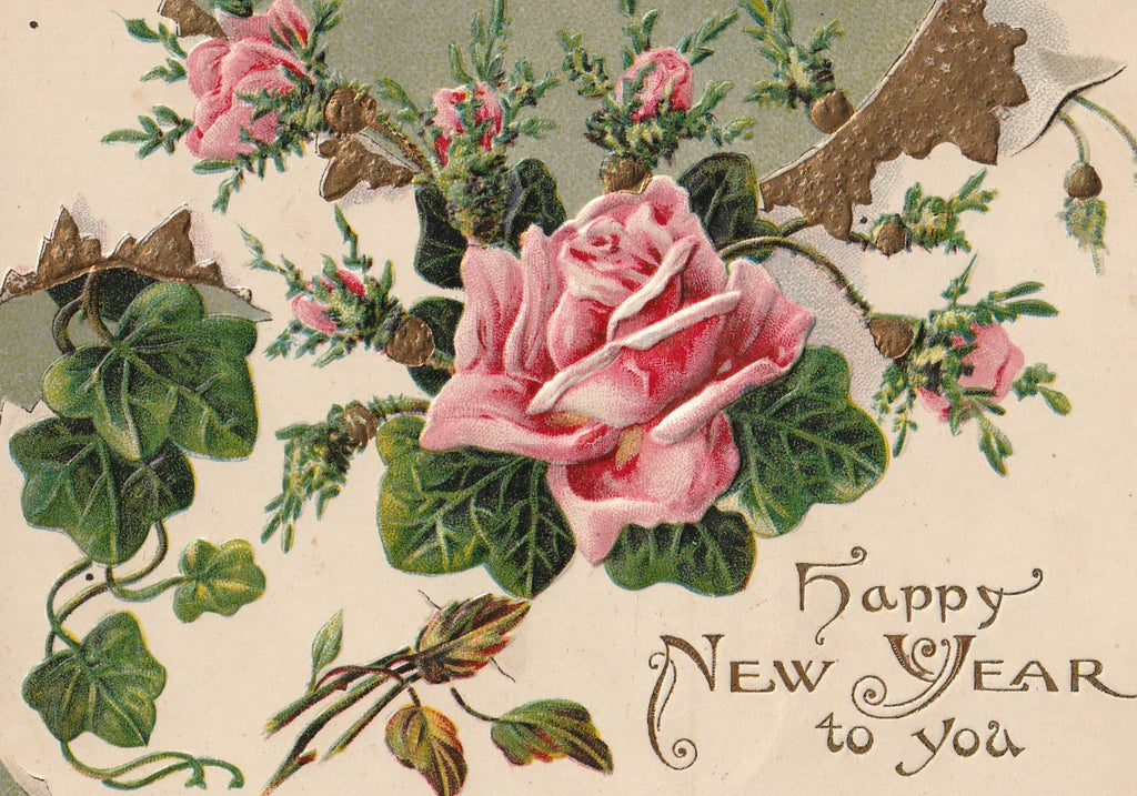 New Year Roses Antique Postcard Close Up