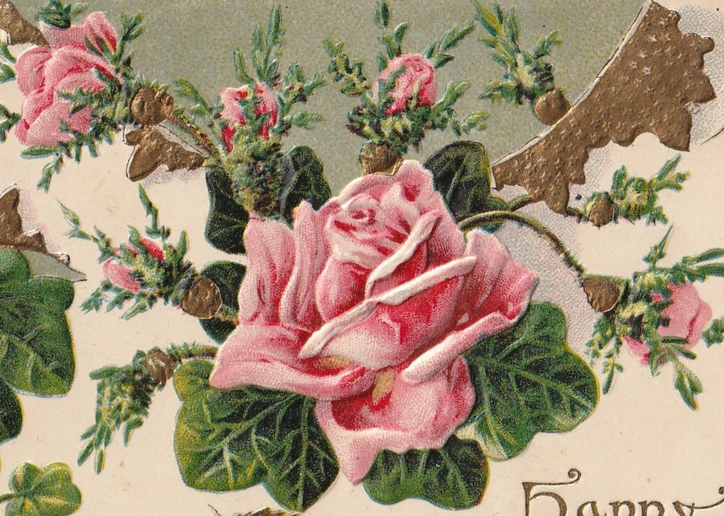 New Year Roses Antique Postcard Close Up 2