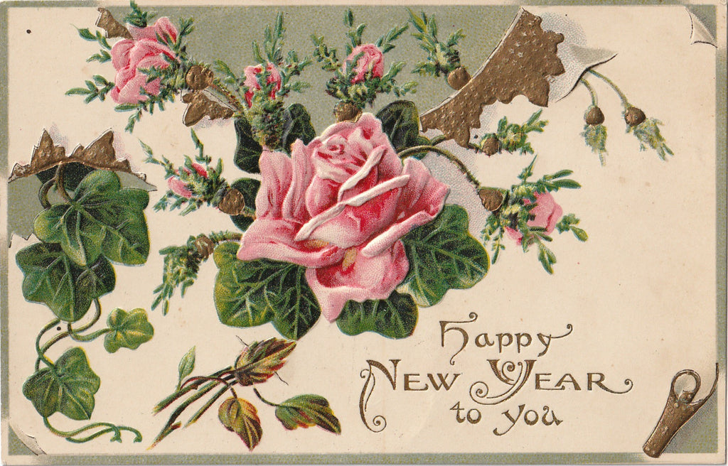 New Year Roses Antique Postcard