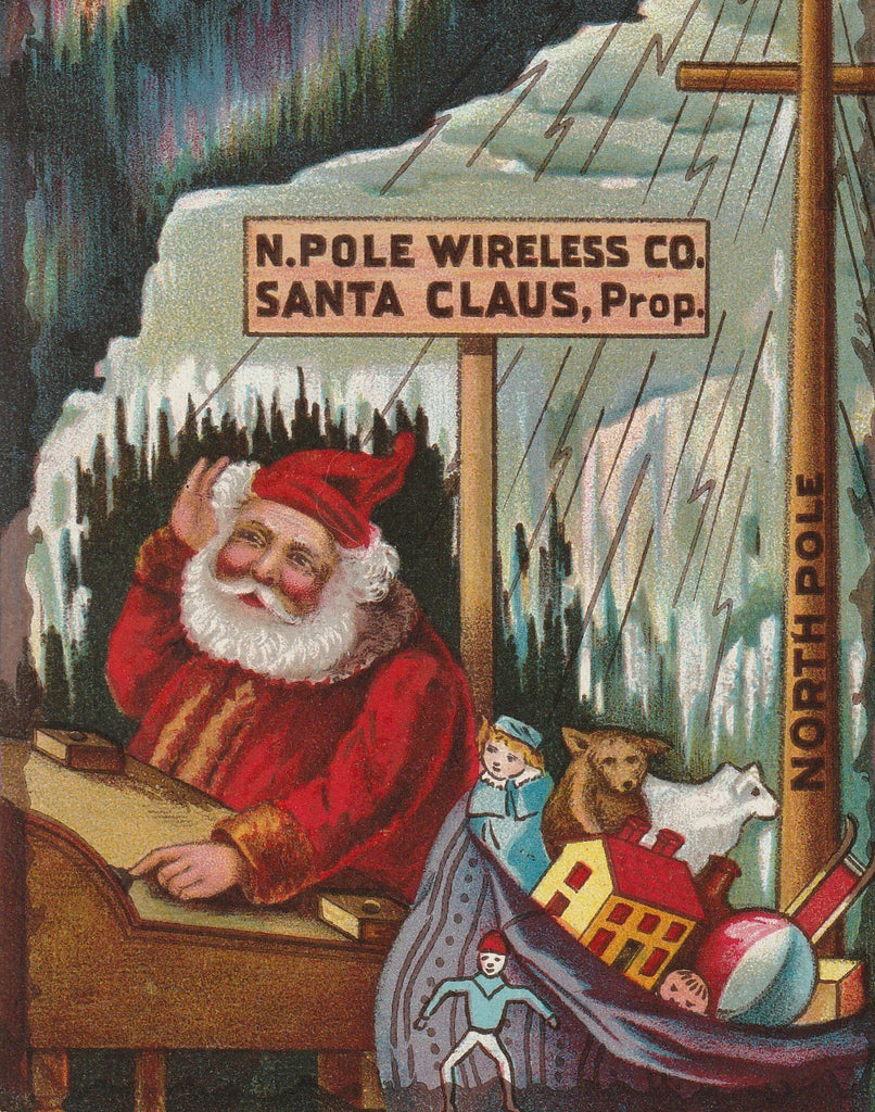 North Pole Wireless Co. - Santa Claus - Postcard, c. 1900s Close Up