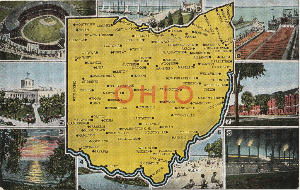 Ohio Souvenir Map - Large Letter Greeting - Postcard, c. 1930s