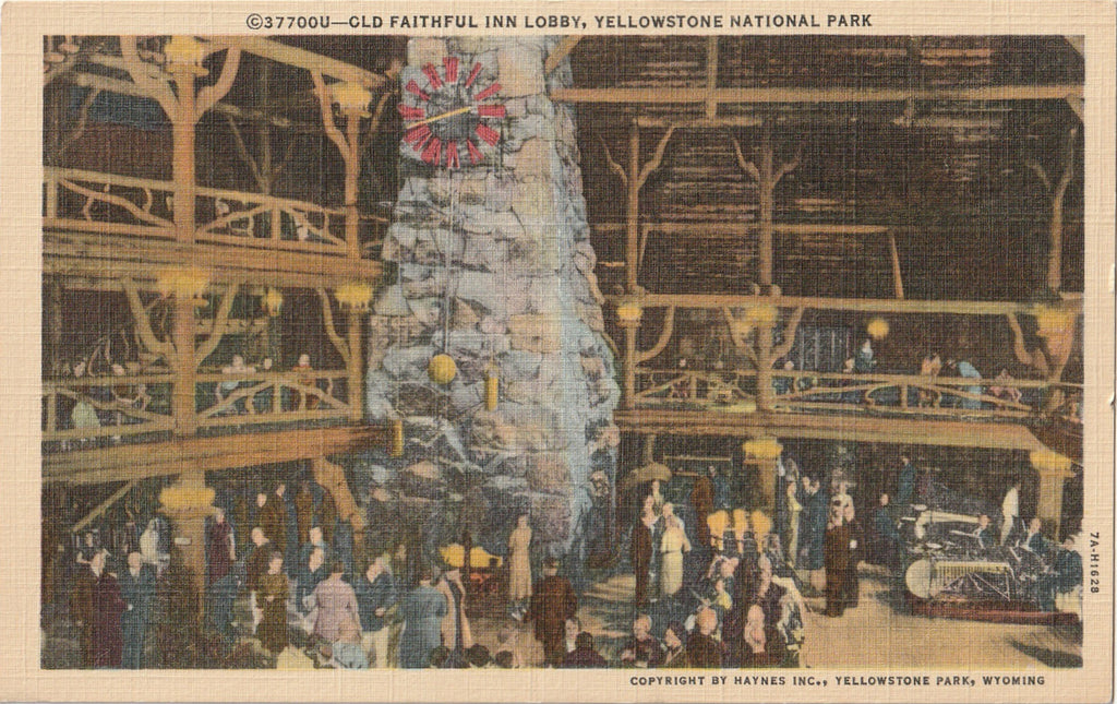 Old Faithful Inn Lobby - Yellowstone National Park, Wyoming - Postcard, c. 1930s
