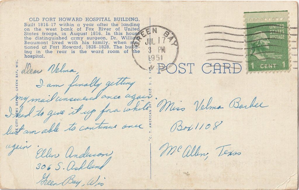 Old Fort Howard Hospital Green Bay Wisconsin Postcard Back