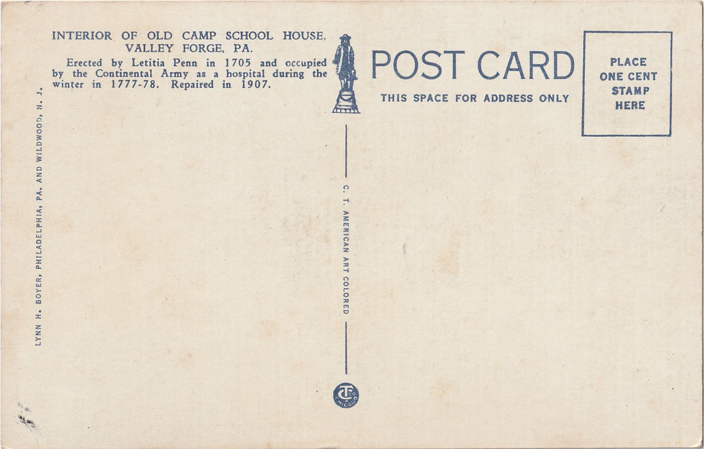 Old Camp School House Valley Forge Pennsylvania Vintage Postcard Back