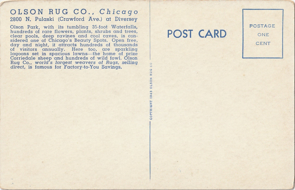 Olson Park Olson Rug Factory Chicago Postcard Back