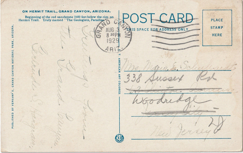 On Hermit Trail - Grand Canyon National Park, Arizona - Postcard, c. 1920s Back