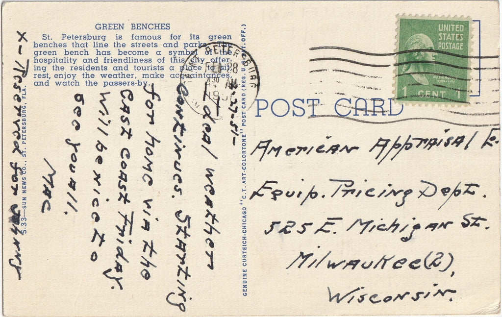 On The Green Benches St. Petersburg Florida Postcard Back