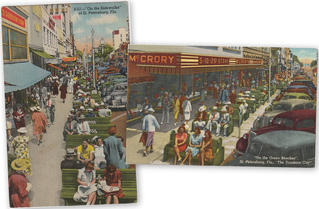 Sidewalks and Benches of St. Petersburg, Florida - SET of 2 - Postcards, c. 1940s
