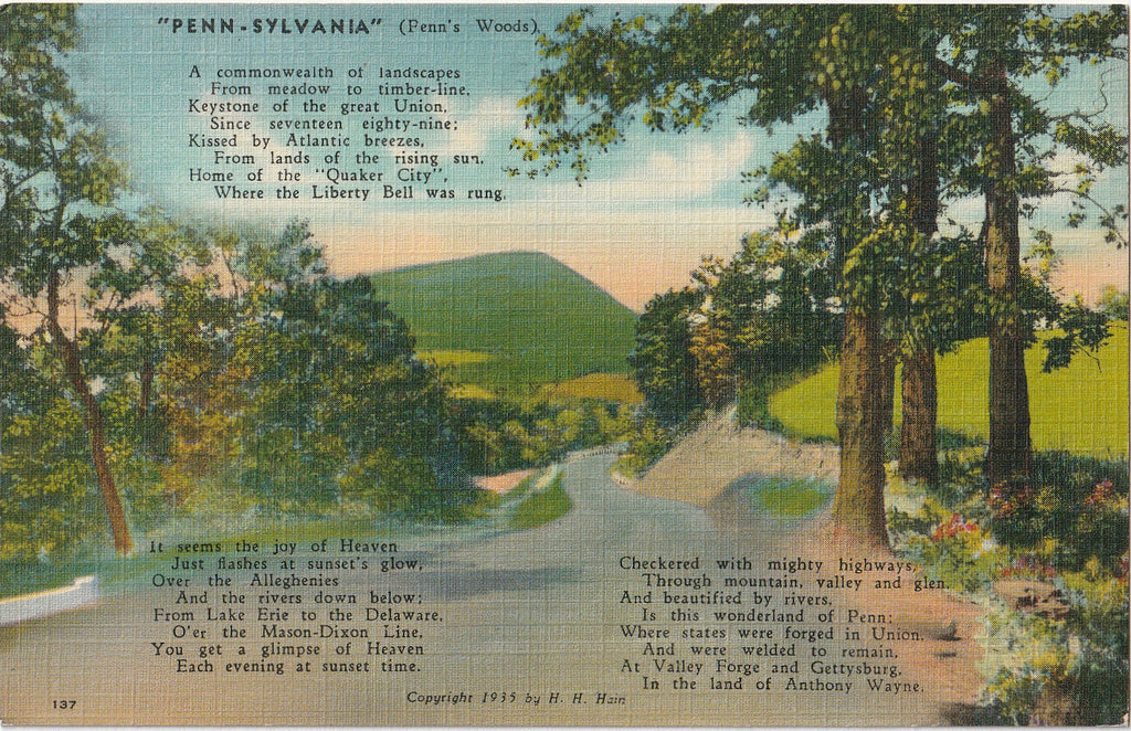 Penn-Sylvania Penn's Woods H H Hain Poem Postcard