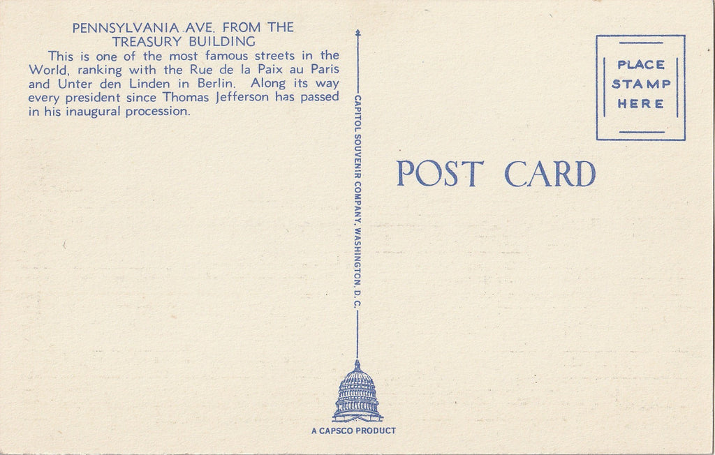 Pennsylvania Ave. from Treasury Building Washington DC Postcard Back