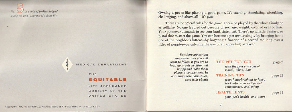 Pets for Assurance of a Fuller Life - The Equitable Life Assurance Society of the United States - Booklet, c. 1956 Inside Front Cover