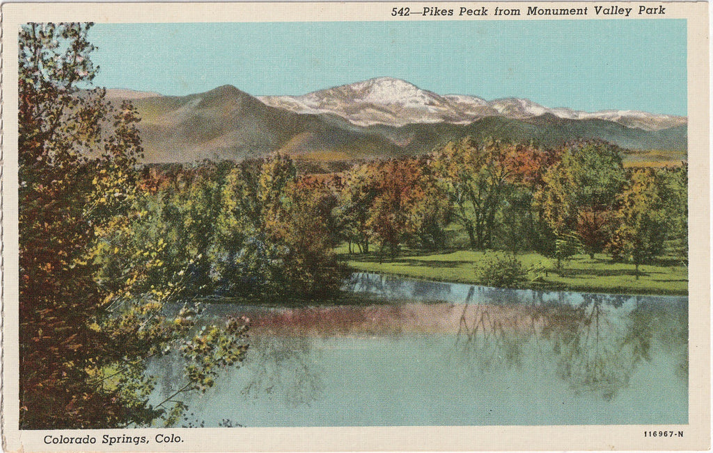 Pikes Peak from Monument Valley - Colorado Springs, CO - Postcard, c. 1940s