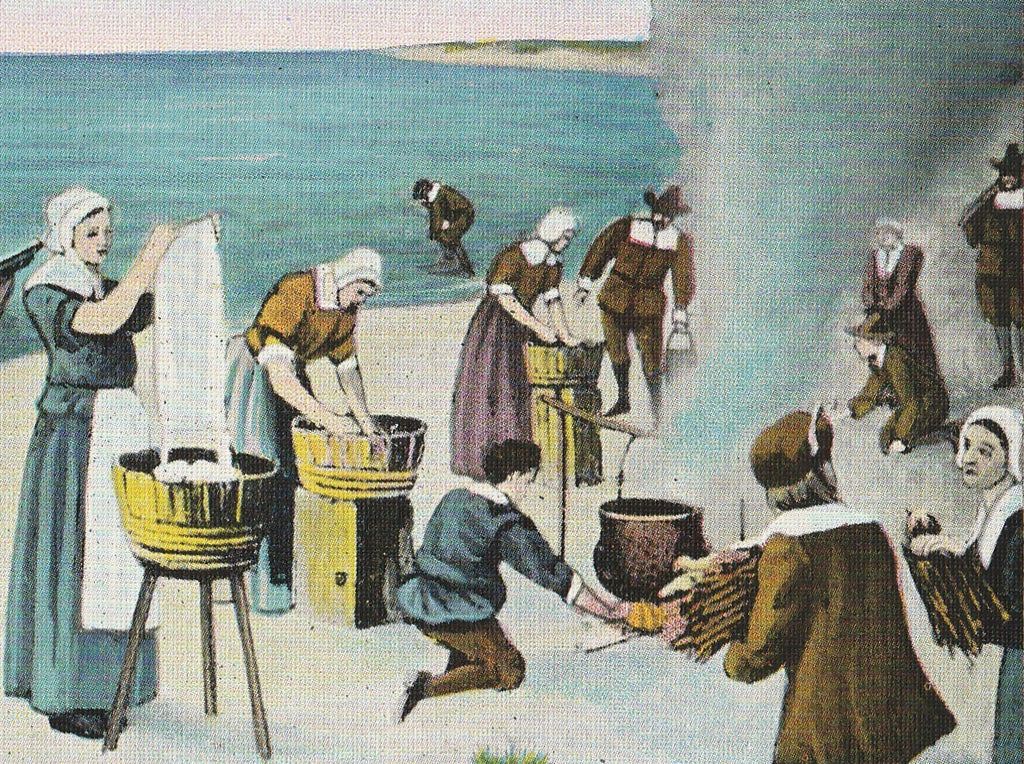 Pilgrims First Washing Day Vintage Postcard Close Up