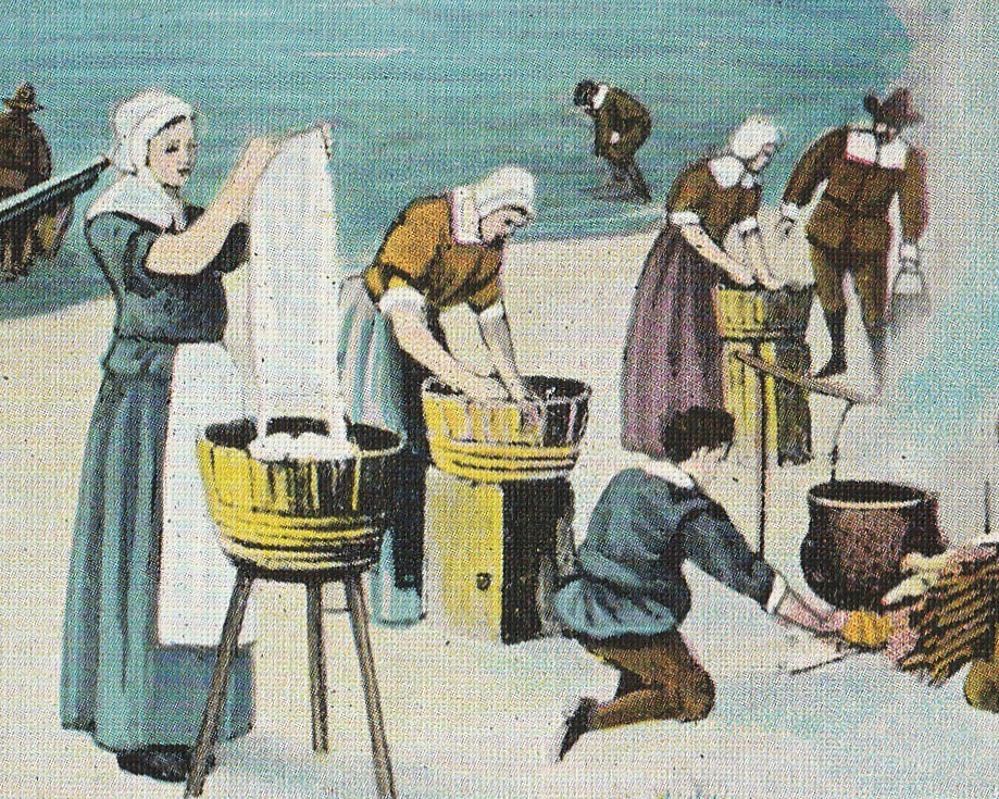 Pilgrims First Washing Day Vintage Postcard Close Up 4