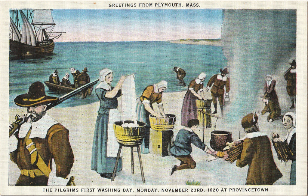 Pilgrims First Washing Day Vintage Postcard