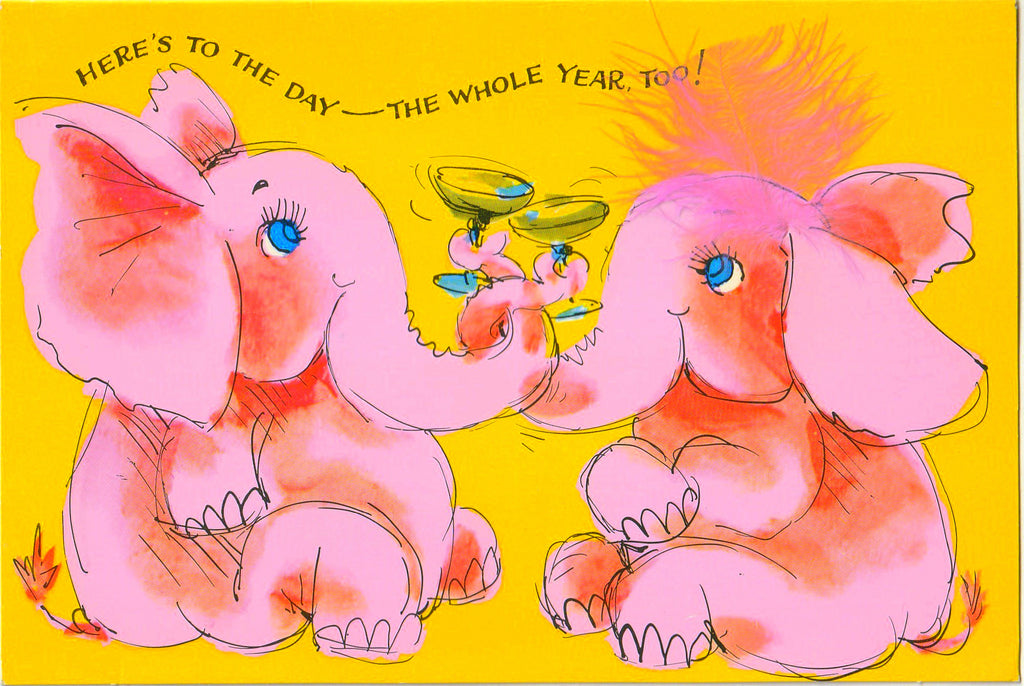 Pink Elephants - Happy Birthday - Pickled Tink Norcross Card, c. 1960s
