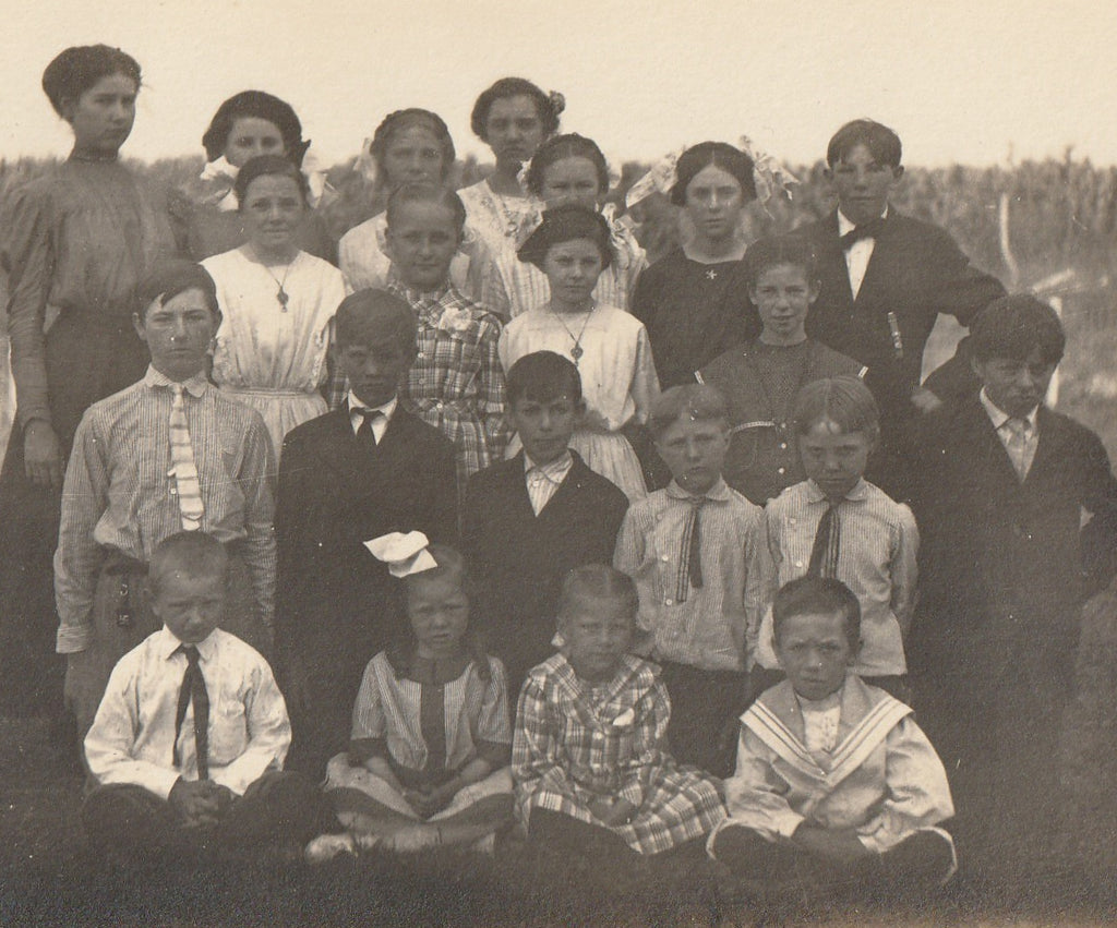 Pleasant Hill Elementary School - Creepy Twins - RPPC, c. 1910s Close Up