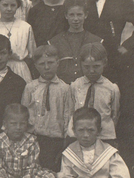 Pleasant Hill Elementary School - Creepy Twins - RPPC, c. 1910s Close Up 2