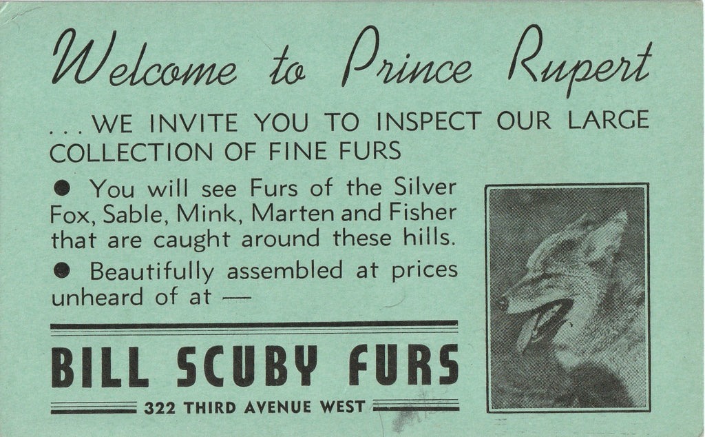 FURS by Bill Scuby - Prince Rupert, B.C., Canada - Trade Cards, c. 1940s 1 of 2