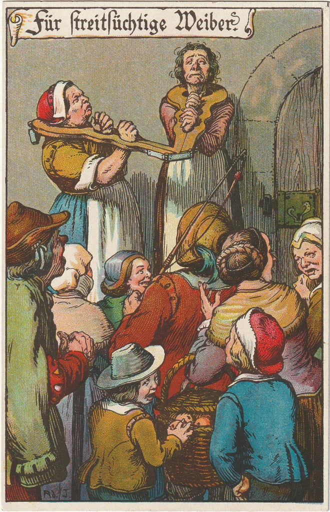 Punishment for Happy Women - Medieval Torture - Shrew's Fiddle or Neck Violin - E. Nister - Postcard, c. 1900s