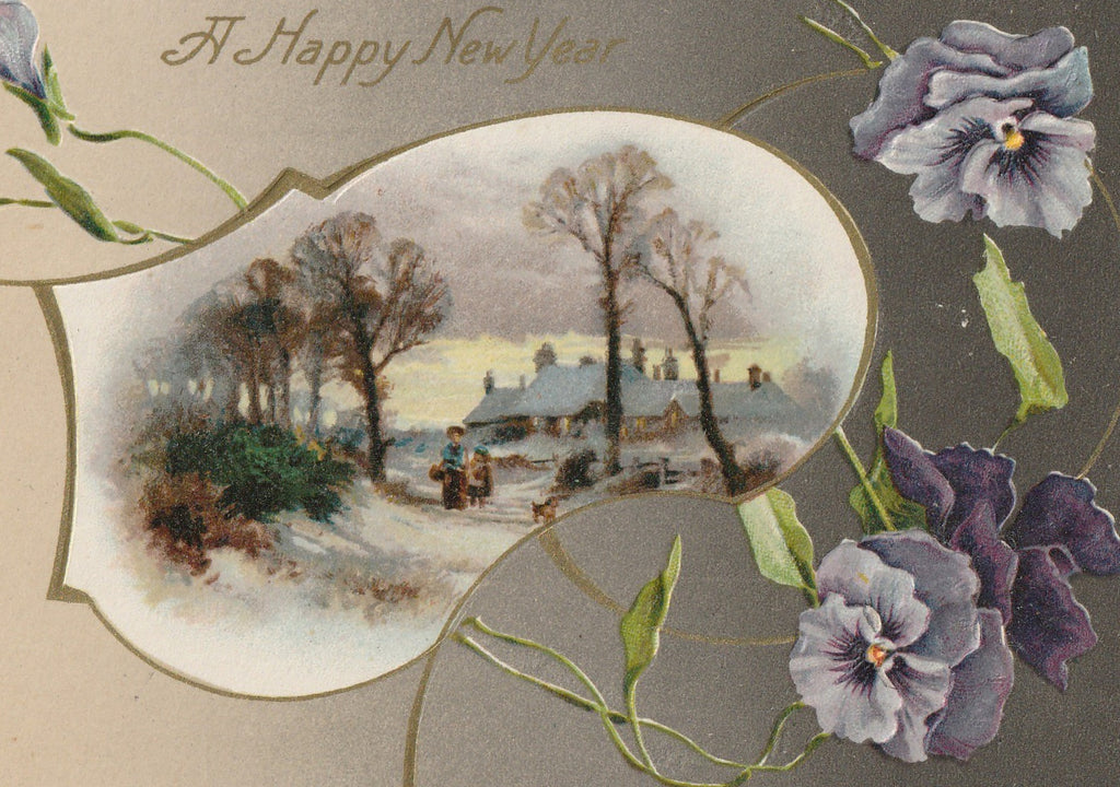 Purple Pansies New Year Antique Postcard Close Up