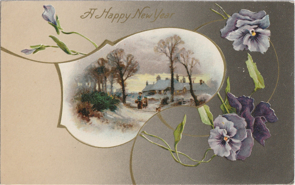 Purple Pansies New Year Antique Postcard