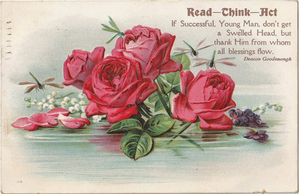 Read Think Act - Roses and Dragonflies - Deacon Goodenough - Postcard, c. 1910s