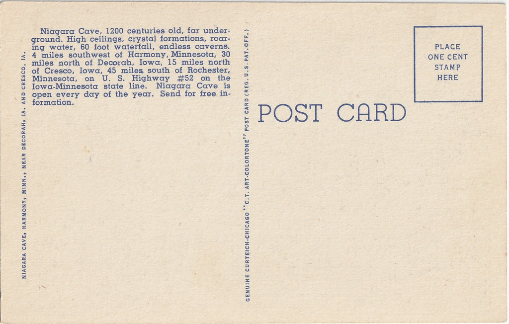 Reception Room, Niagara Cave - Iowa-Minnesota Line - Postcard, c. 1930s