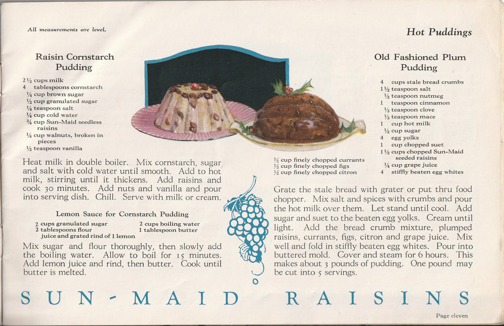Recipes with Raisins - Sun-Maid Raisin Growers Domestic Science Dept. - Booklet, c. 1920s - Hot puddings