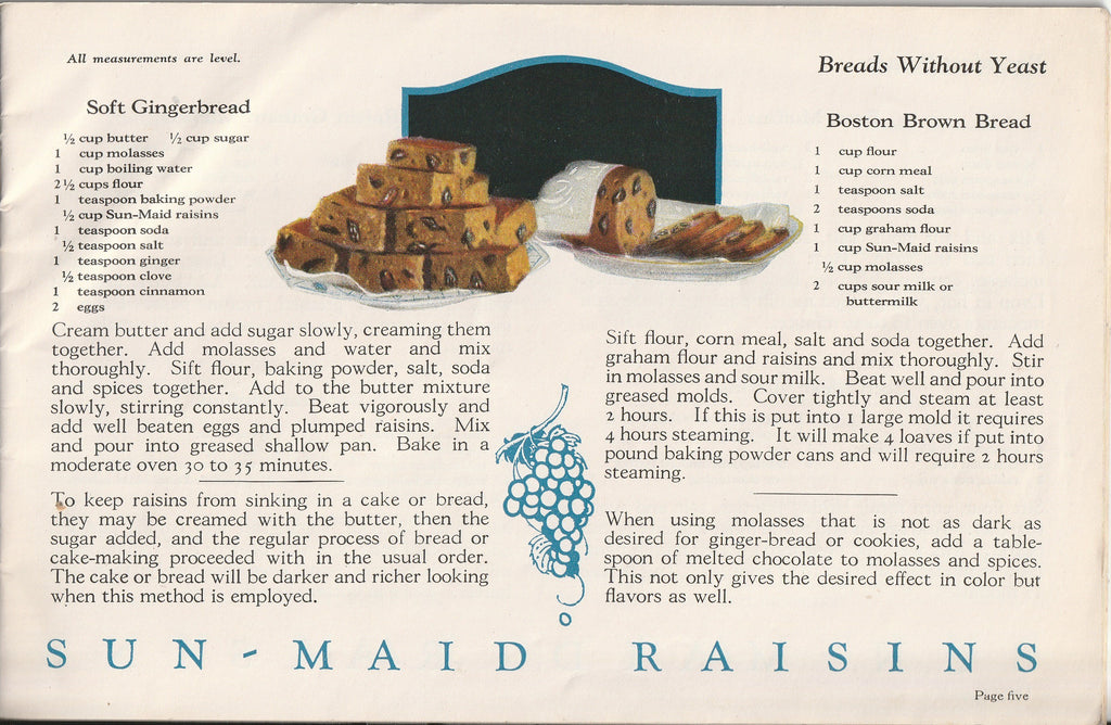 Recipes with Raisins - Sun-Maid Raisin Growers Domestic Science Dept. - Booklet, c. 1920s - Soft Gingerbread