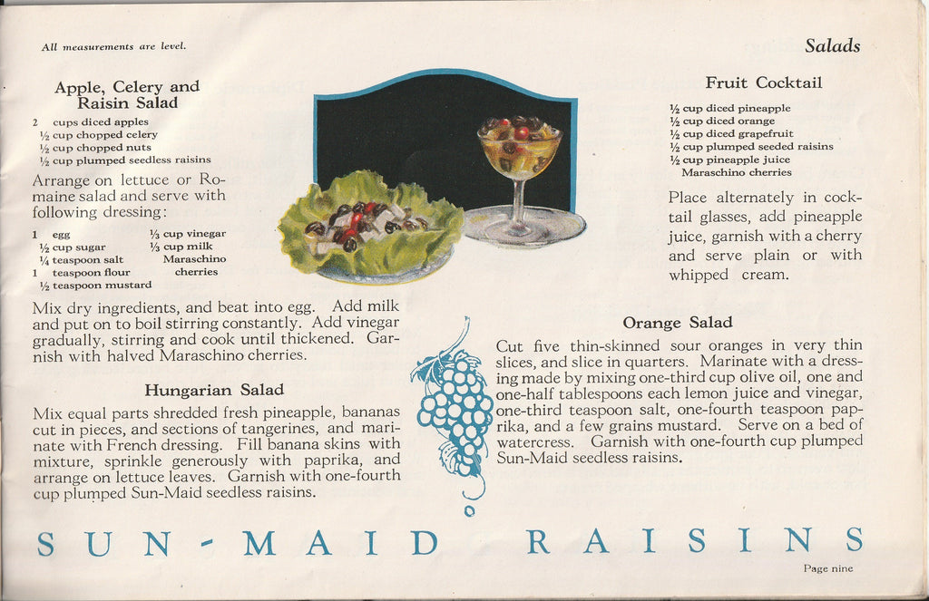 Recipes with Raisins - Sun-Maid Raisin Growers Domestic Science Dept. - Booklet, c. 1920s Salads