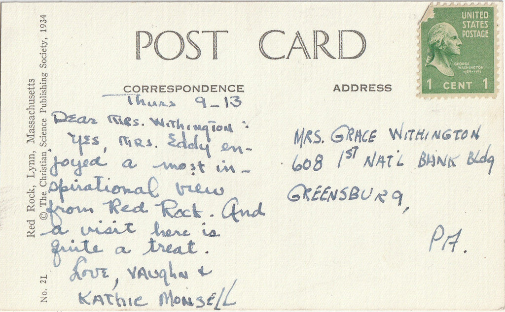 Red Rock - Lynn, MA - Postcard, c. 1934 Back