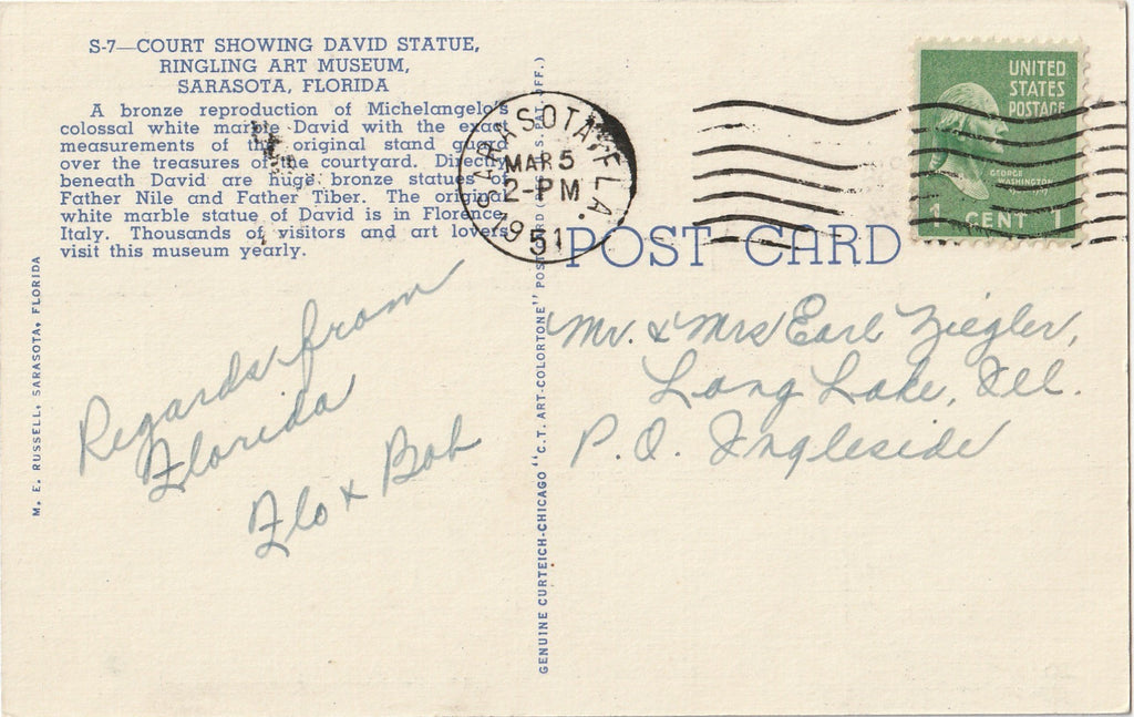 Ringling Art Museum - Sarasota, FL - Postcard, c. 1940s