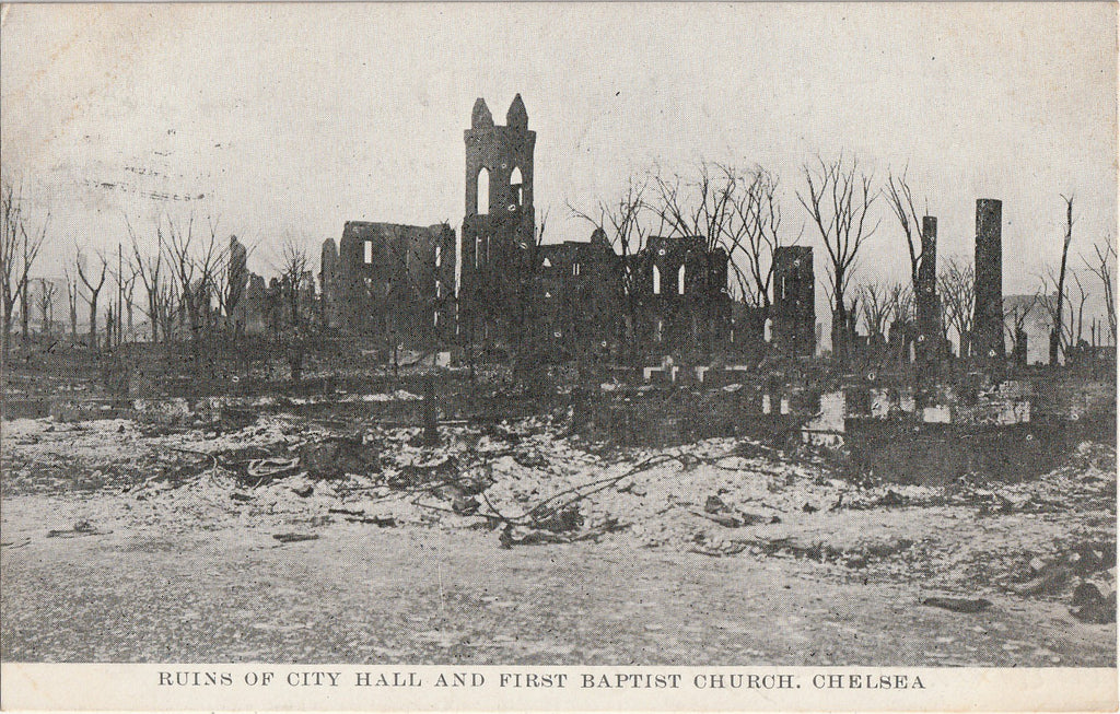 Ruins of City Hall and First Baptist Church - Fire Disaster - Chelsea, MA - Postcard, c. 1900s