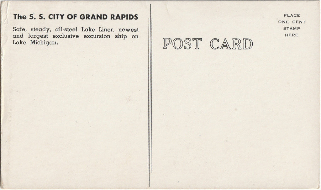 S. S. City of Grand Rapids - Chicago to Benton Harbor - St. Joseph, MI - Postcard, c. 1940s Back