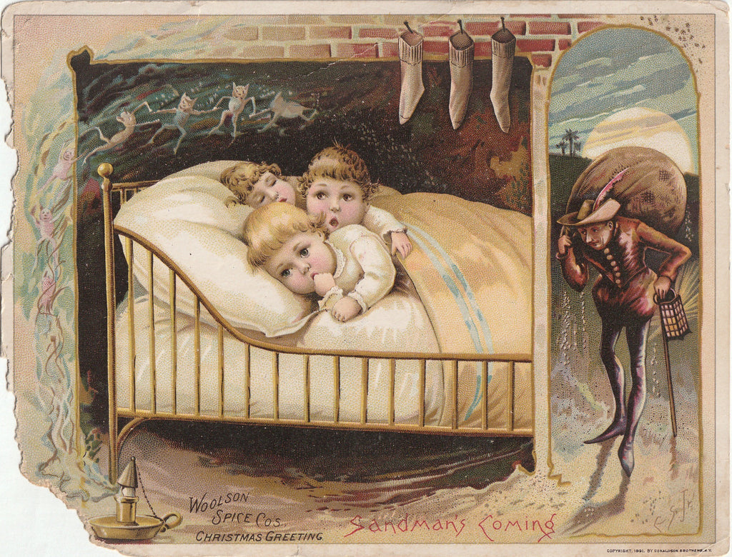 Sandman's Coming - Christmas Greetings - Woolson Spice Co.  - Donaldson Brothers - Lithograph Trade Card, c. 1891