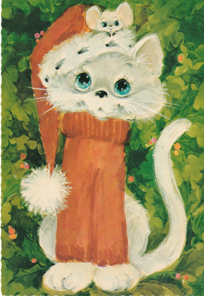 Big-Eyed Santa Cat and Mouse -Christmas Hallmark Postcard, c. 1970s