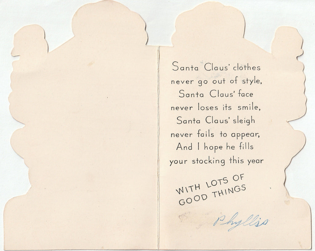 Santa Claus's Clothes Never Go Out of Style - Die-Cut Card, c. 1940s Inside