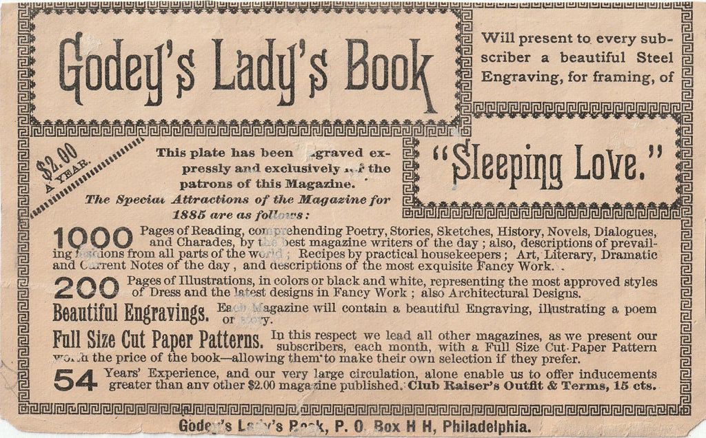 Sleeping Love - Godey's Lady's Book - Trade Card, c. 1885 - Back