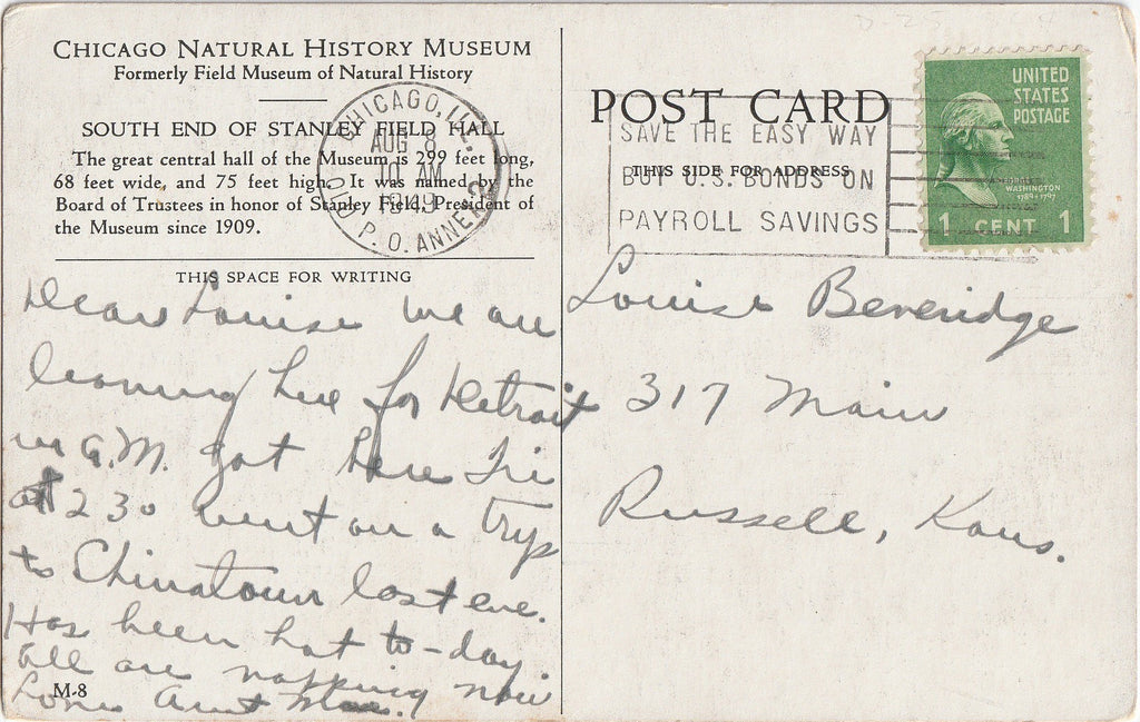 Stanley Field Hall Natural History Museum Chicago Postcard Back