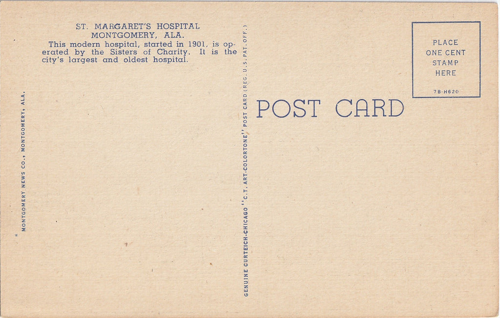 St. Margaret's Hospital Montgomery AL Postcard Back