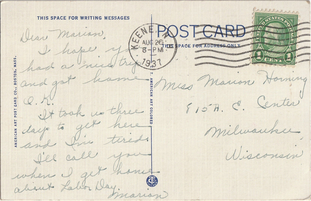 State Highway at Beaver Brook Falls - Keene, NH - Postcard, c. 1930s Back