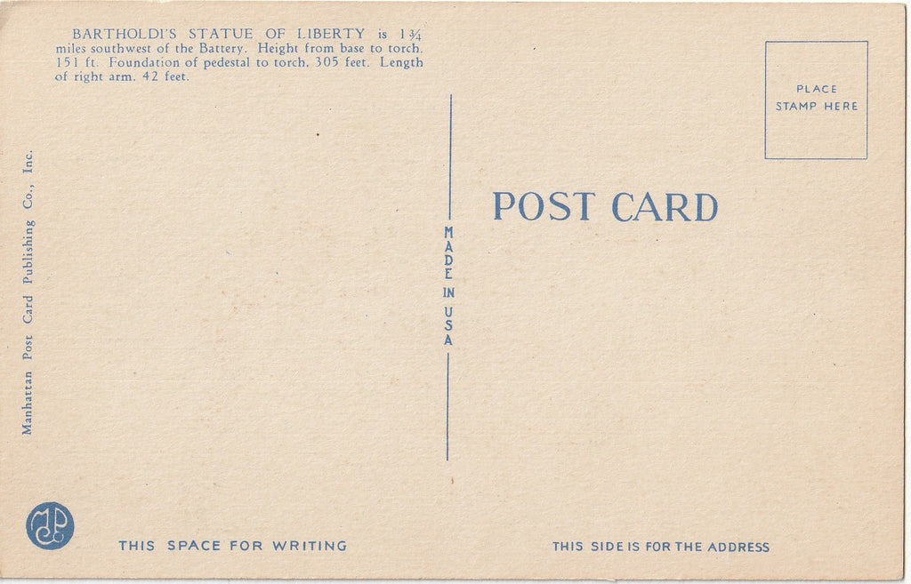 Statue of Liberty - Bedloe's Island - New York Harbor, NYC - SET of 2 - Postcards, c. 1930s Back