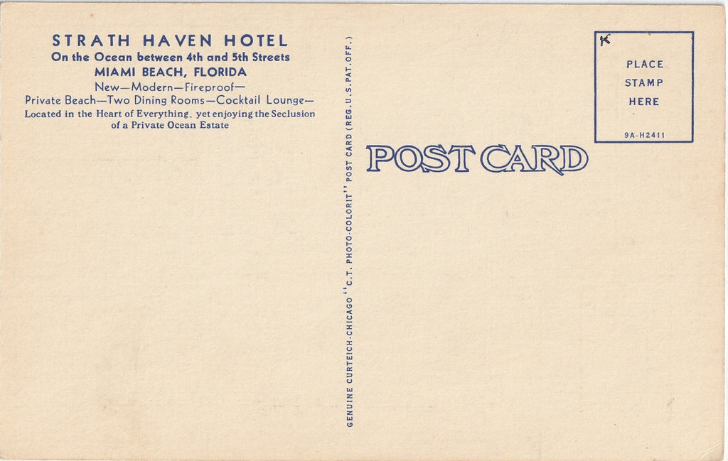 Strath-Haven Hotel Miami Beach Florida Postcard Back