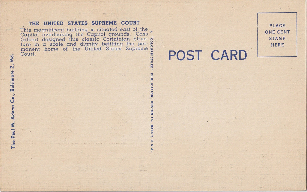 Supreme Court Building Washington DC Postcard Back